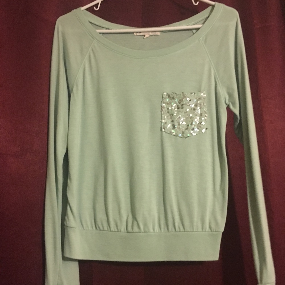 Soft long sleeve light green blouse sequin pocket
